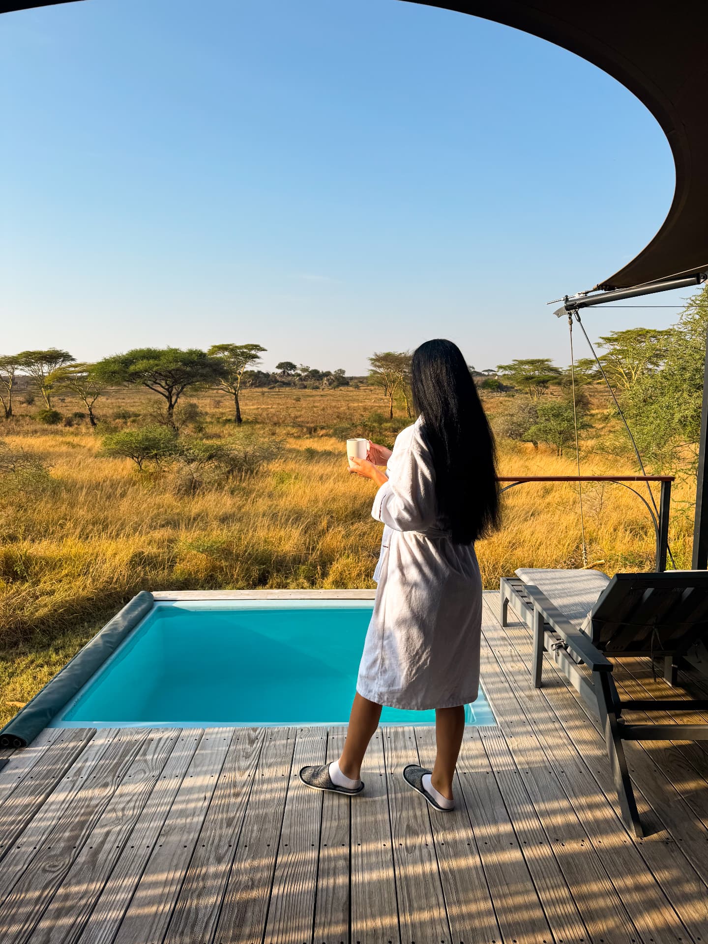 Private plunge pool on a luxury safari lodge deck overlooking the savanna