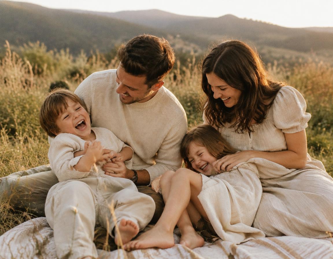 Family laughing in a meadow