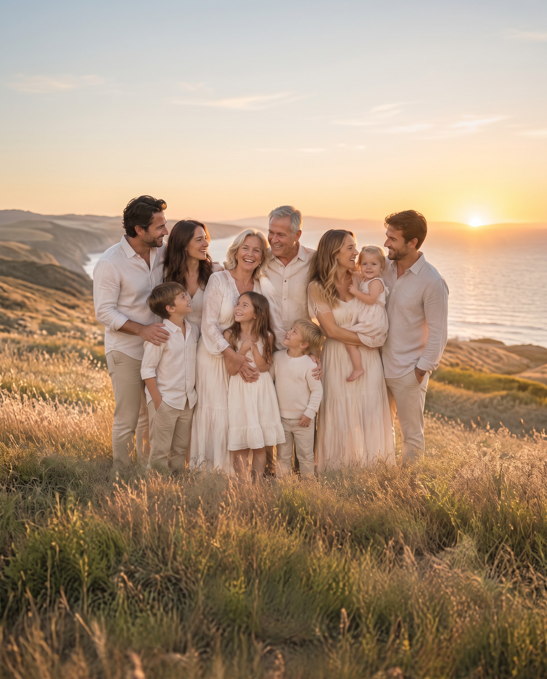 Illustrative multigenerational family laughing together in a California coastal meadow at golden hour