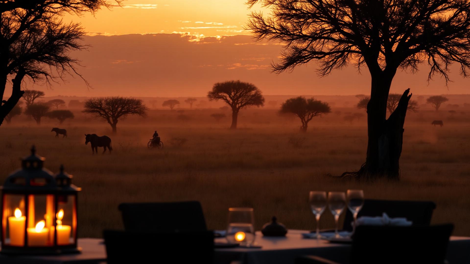 Sundowner table set under acacia trees at golden hour on an African safari